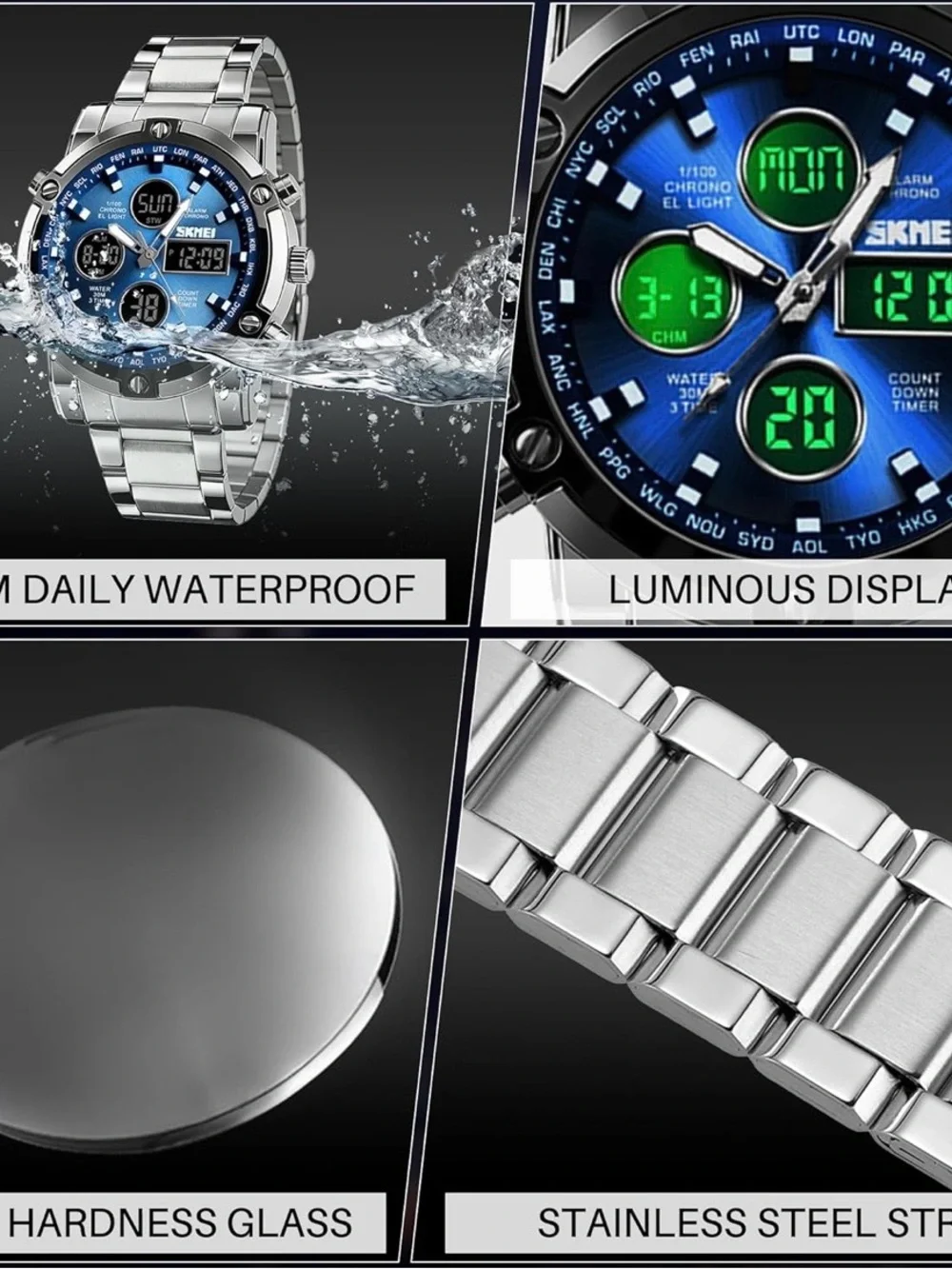 Blue Dial Stainless Steel Men's Sports Watch
